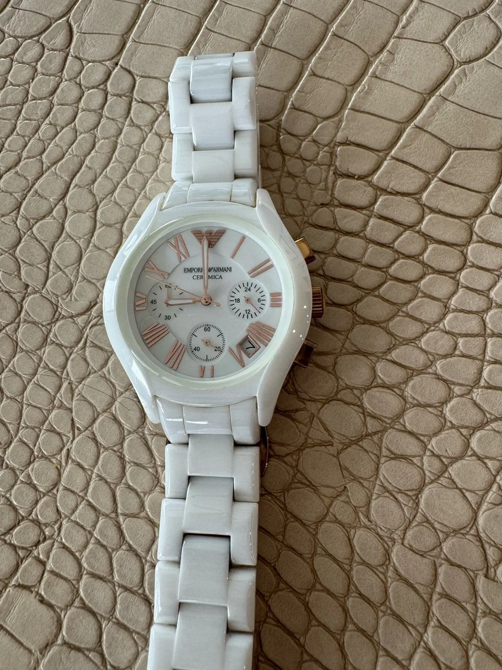 Emporio Armani White Ceramic Chronograph Watch with Rose Gold Markers